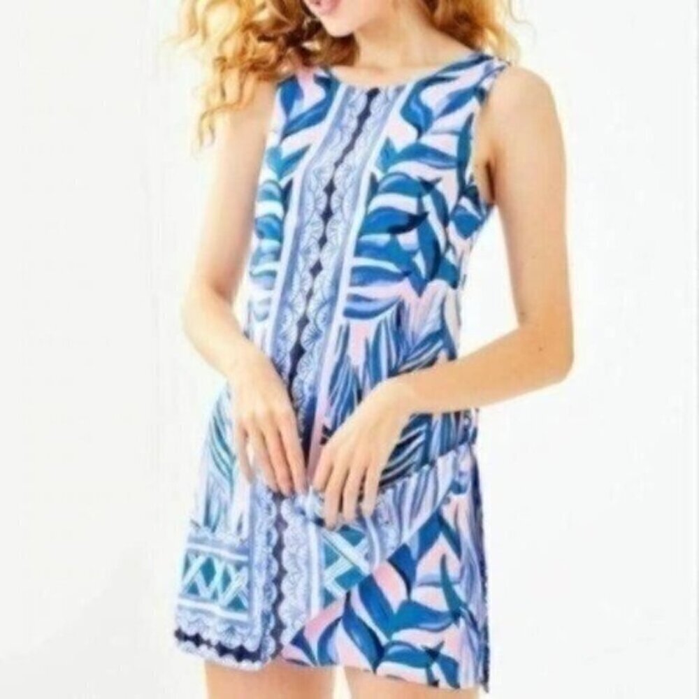 NWT Lilly Pulitzer Donna Engineered Romper Size 16 Blue Pink Tropical Print